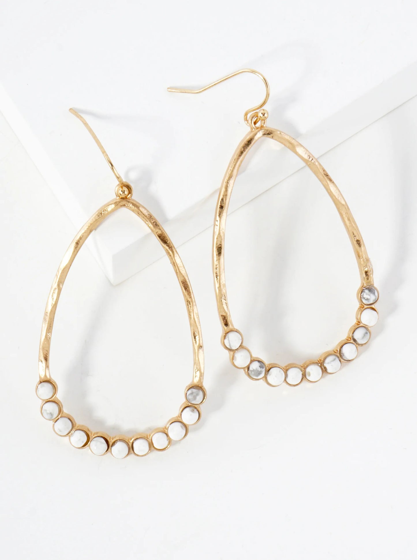 Semi-Precious Natural-Stone Beaded Hammered-Texture Teardrop Dangle Earrings