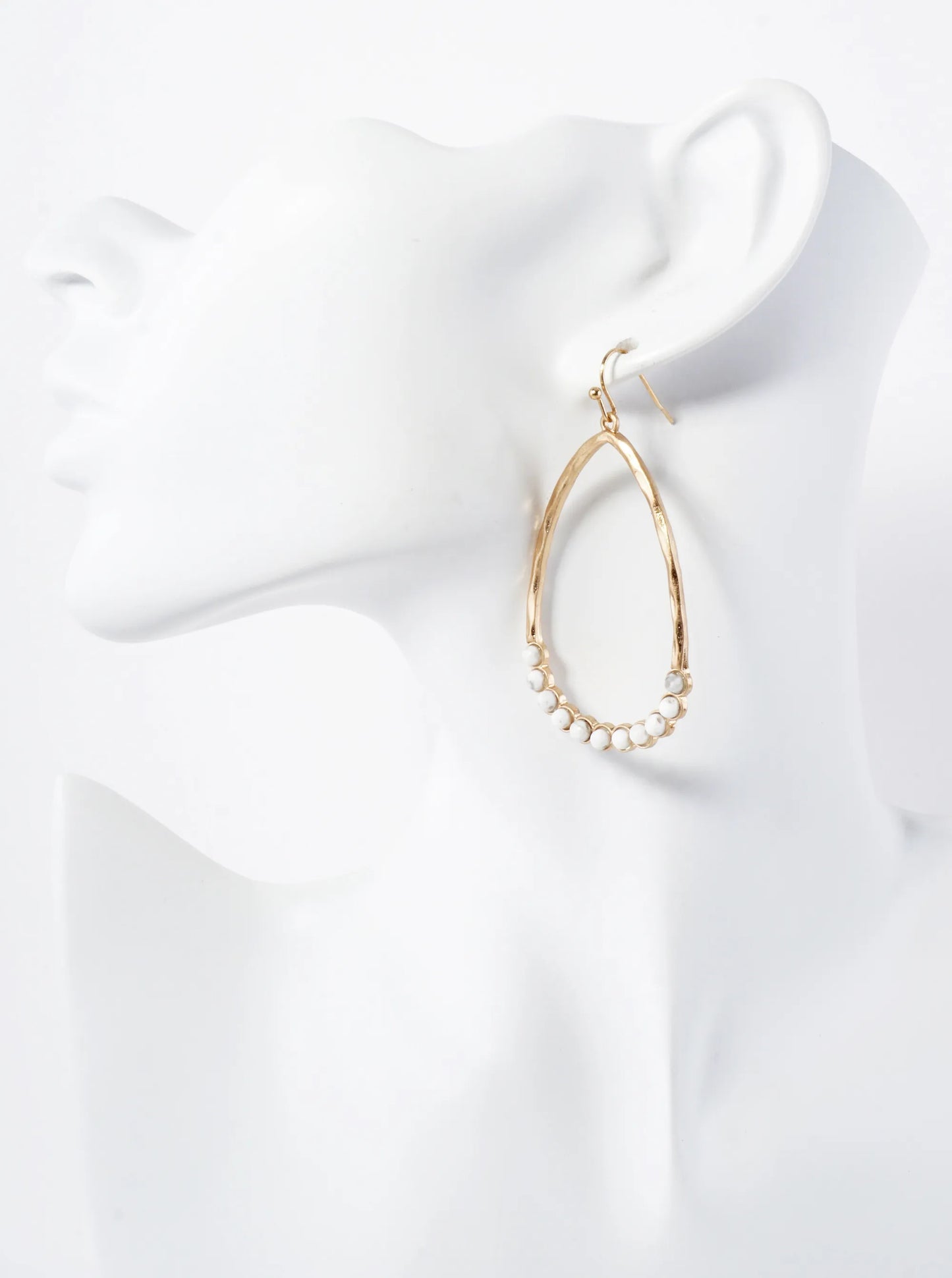 Semi-Precious Natural-Stone Beaded Hammered-Texture Teardrop Dangle Earrings