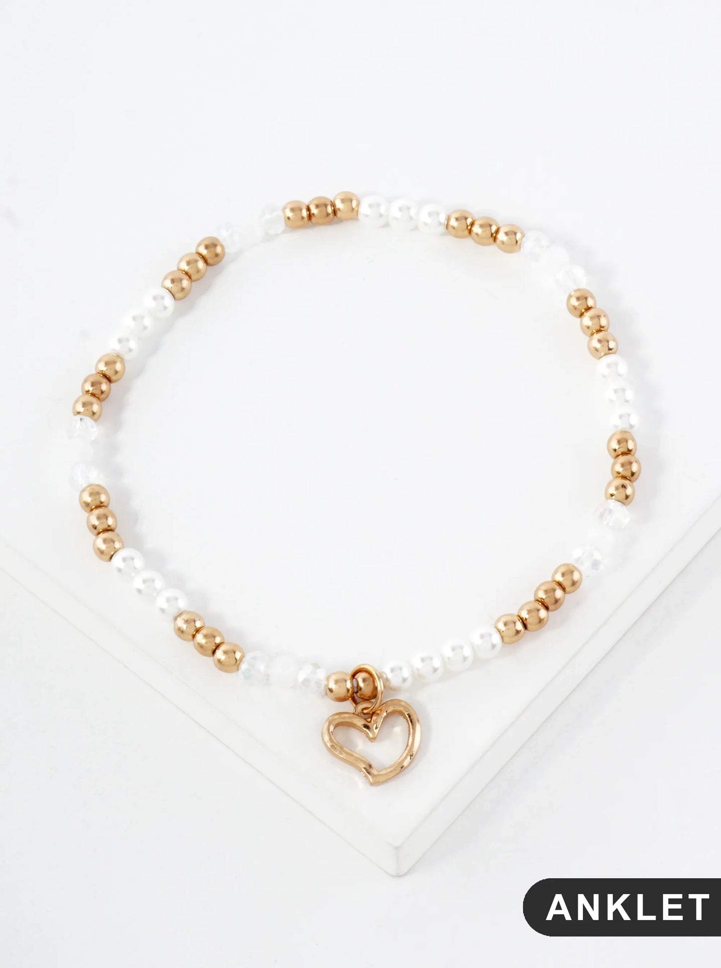 Semi-Precious Natural-Stone Beaded Wire Heart Charm Stretch Anklet