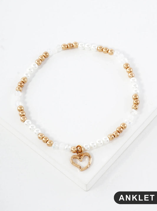 Semi-Precious Natural-Stone Beaded Wire Heart Charm Stretch Anklet