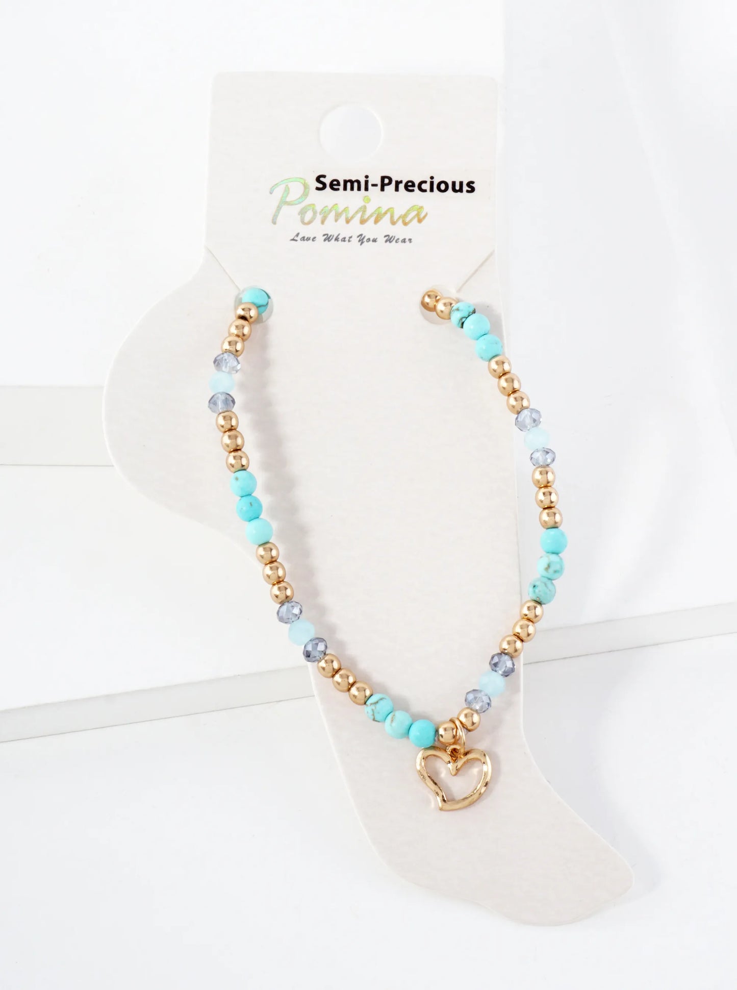 Semi-Precious Natural-Stone Beaded Wire Heart Charm Stretch Anklet