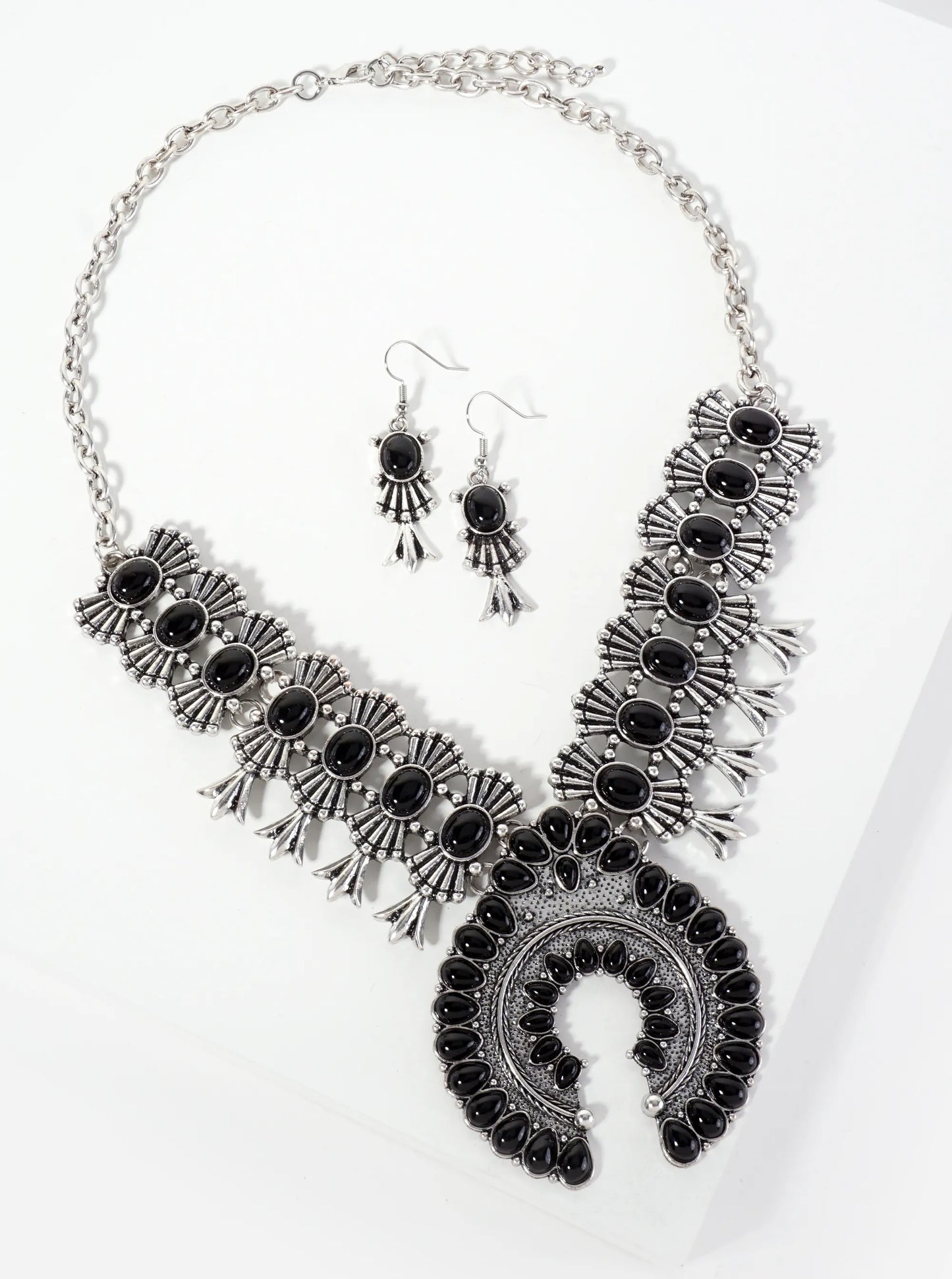 Semi-Precious Natural-Stone Bohemian Statement Western Necklace Set-with-Earrings