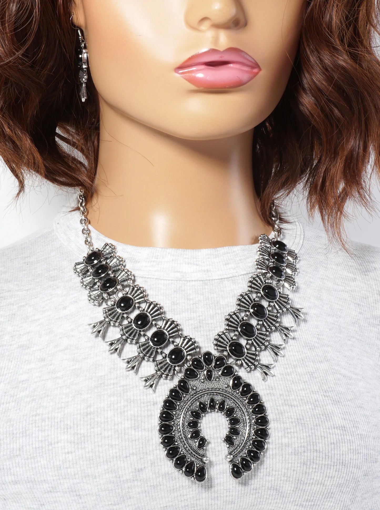Semi-Precious Natural-Stone Bohemian Statement Western Necklace Set-with-Earrings