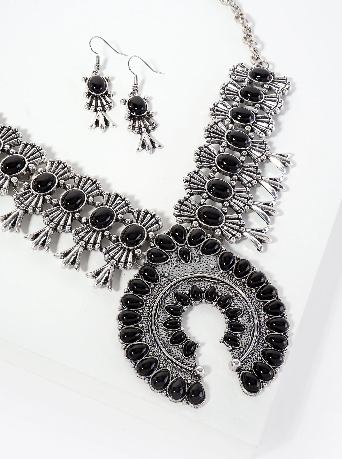 Semi-Precious Natural-Stone Bohemian Statement Western Necklace Set-with-Earrings