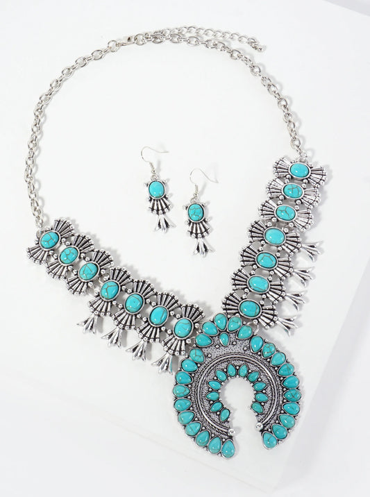 Semi-Precious Natural-Stone Bohemian Statement Western Necklace Set-with-Earrings
