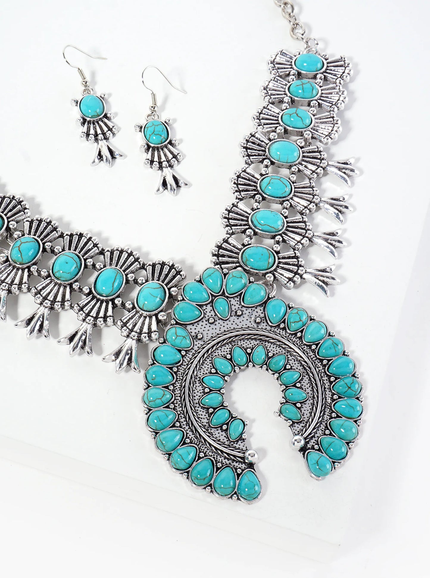 Semi-Precious Natural-Stone Bohemian Statement Western Necklace Set-with-Earrings