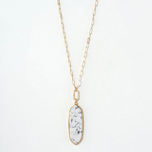 Semi-Precious Natural-Stone Elongated Hexagon Pendant Necklace