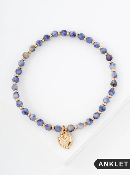 Semi-Precious Natural-Stone Glass-Beaded Heart Charm Stretch Anklet