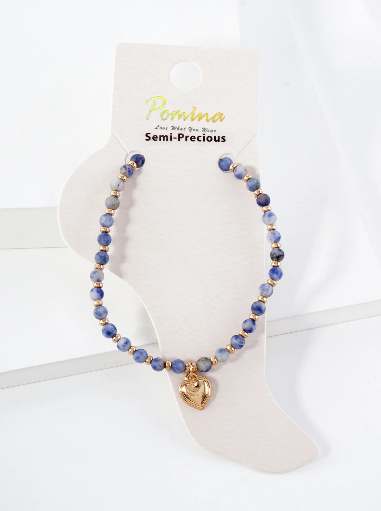 Semi-Precious Natural-Stone Glass-Beaded Heart Charm Stretch Anklet