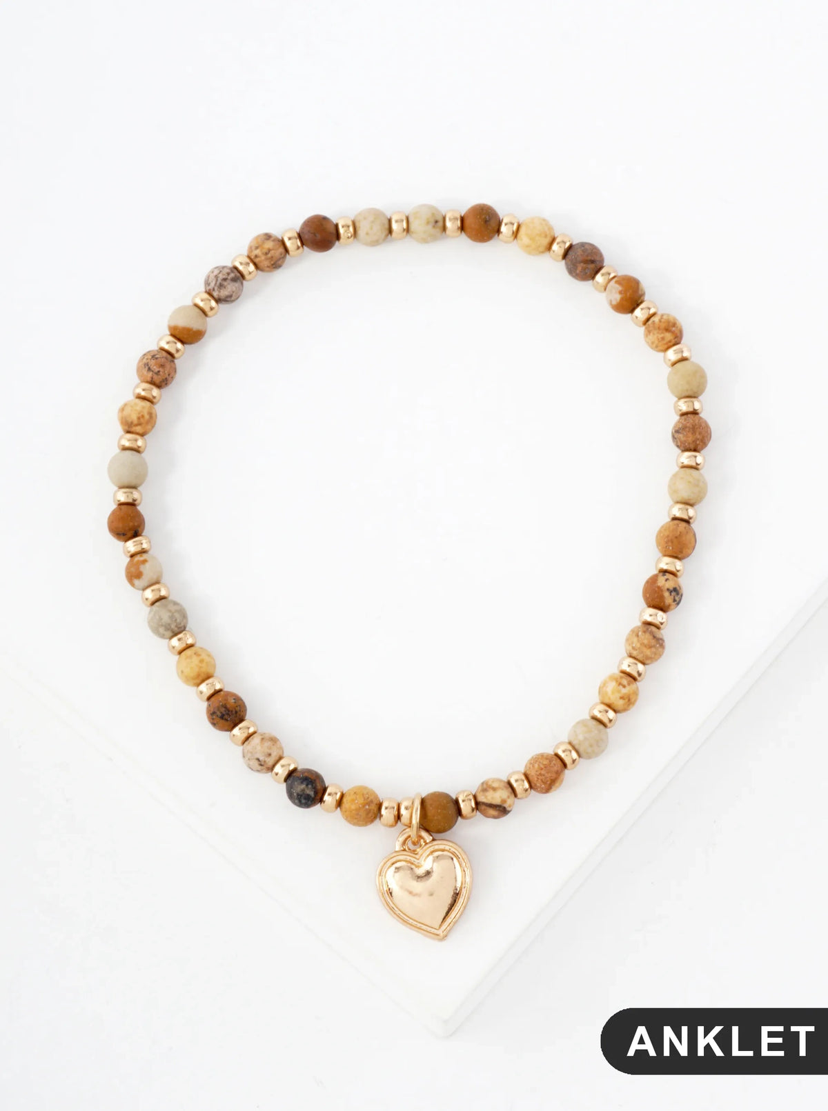 Semi-Precious Natural-Stone Glass-Beaded Heart Charm Stretch Anklet
