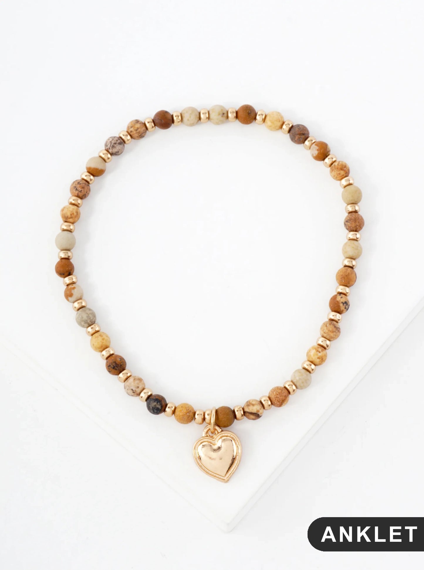 Semi-Precious Natural-Stone Glass-Beaded Heart Charm Stretch Anklet