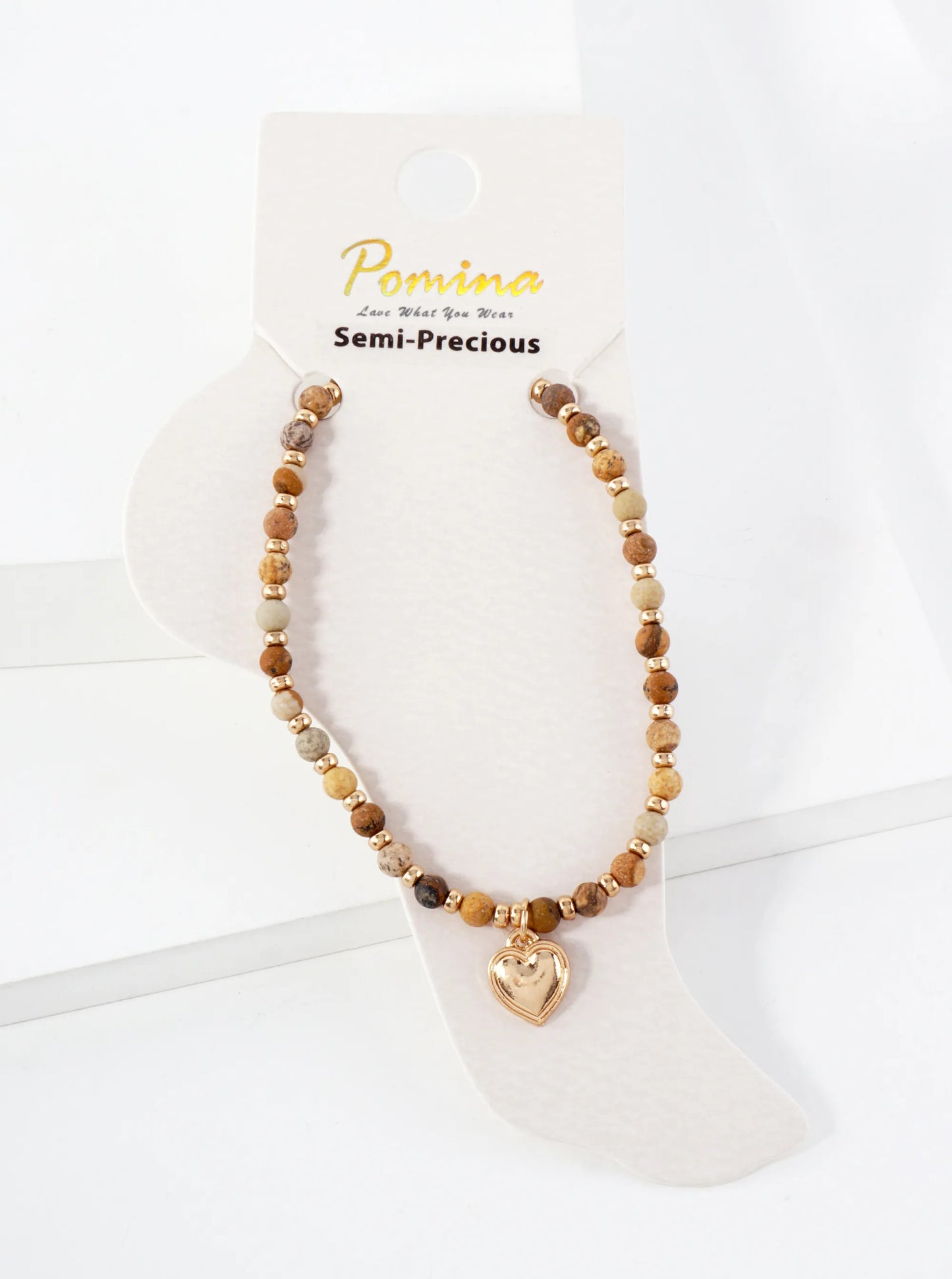 Semi-Precious Natural-Stone Glass-Beaded Heart Charm Stretch Anklet