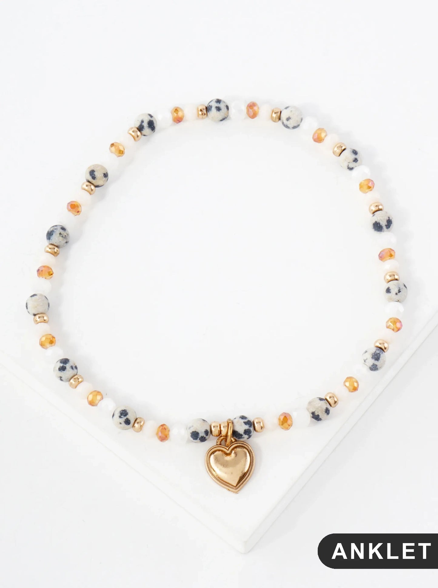 Semi-Precious Natural-Stone Glass-Beaded Heart Charm Stretch Anklet
