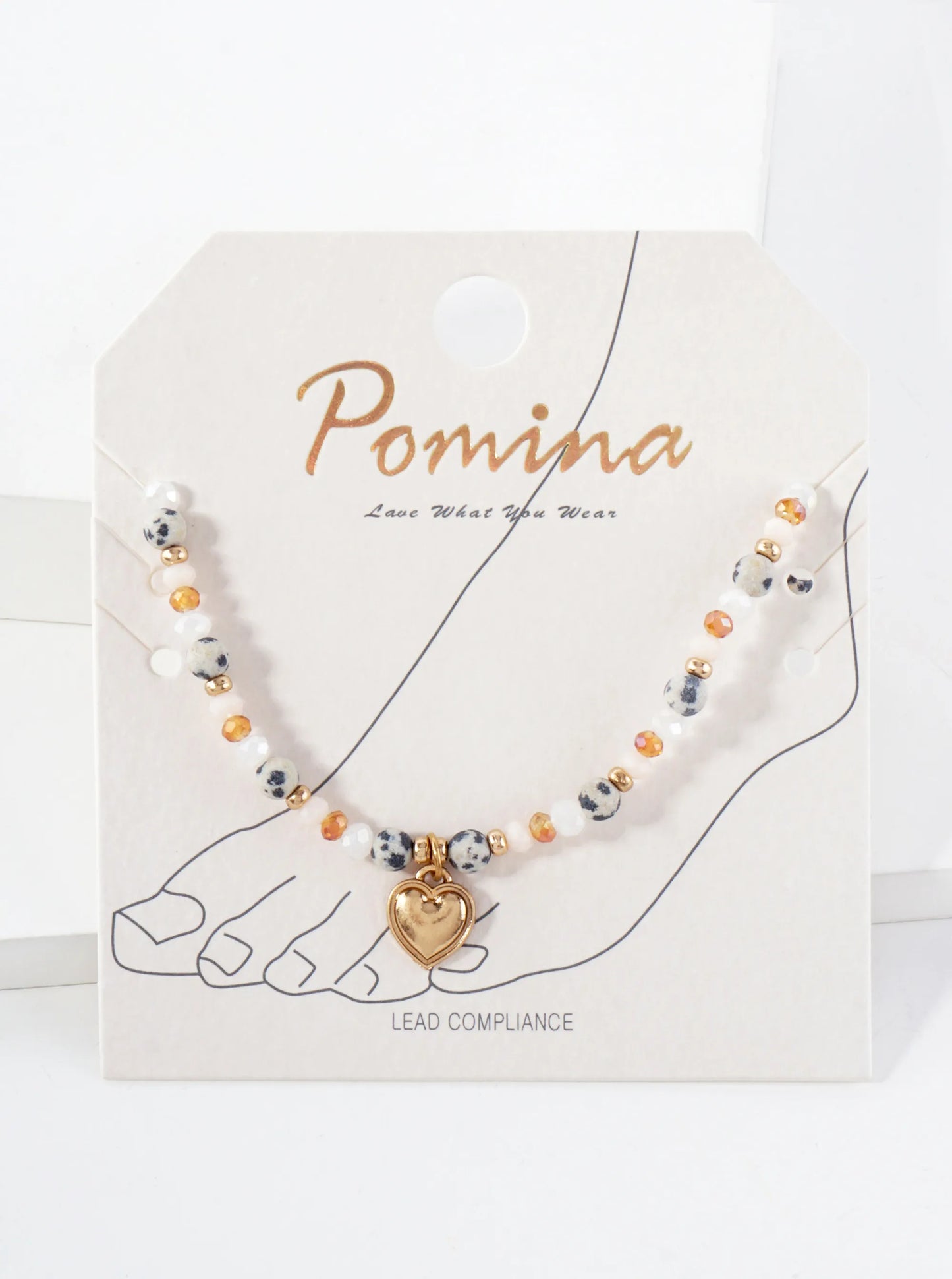 Semi-Precious Natural-Stone Glass-Beaded Heart Charm Stretch Anklet