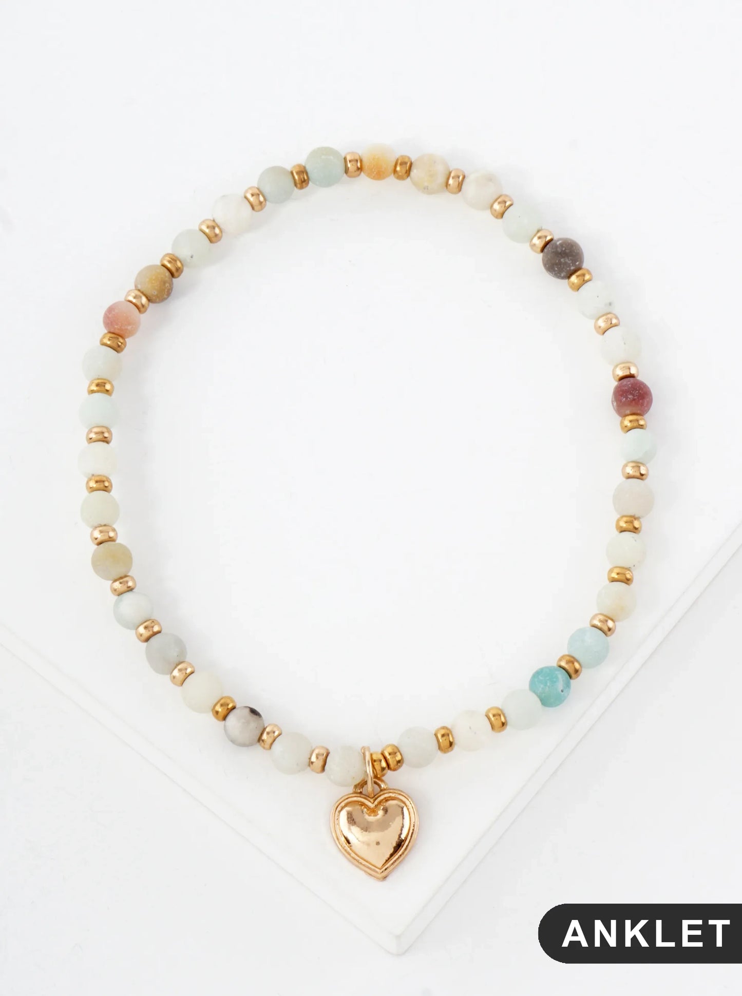 Semi-Precious Natural-Stone Glass-Beaded Heart Charm Stretch Anklet