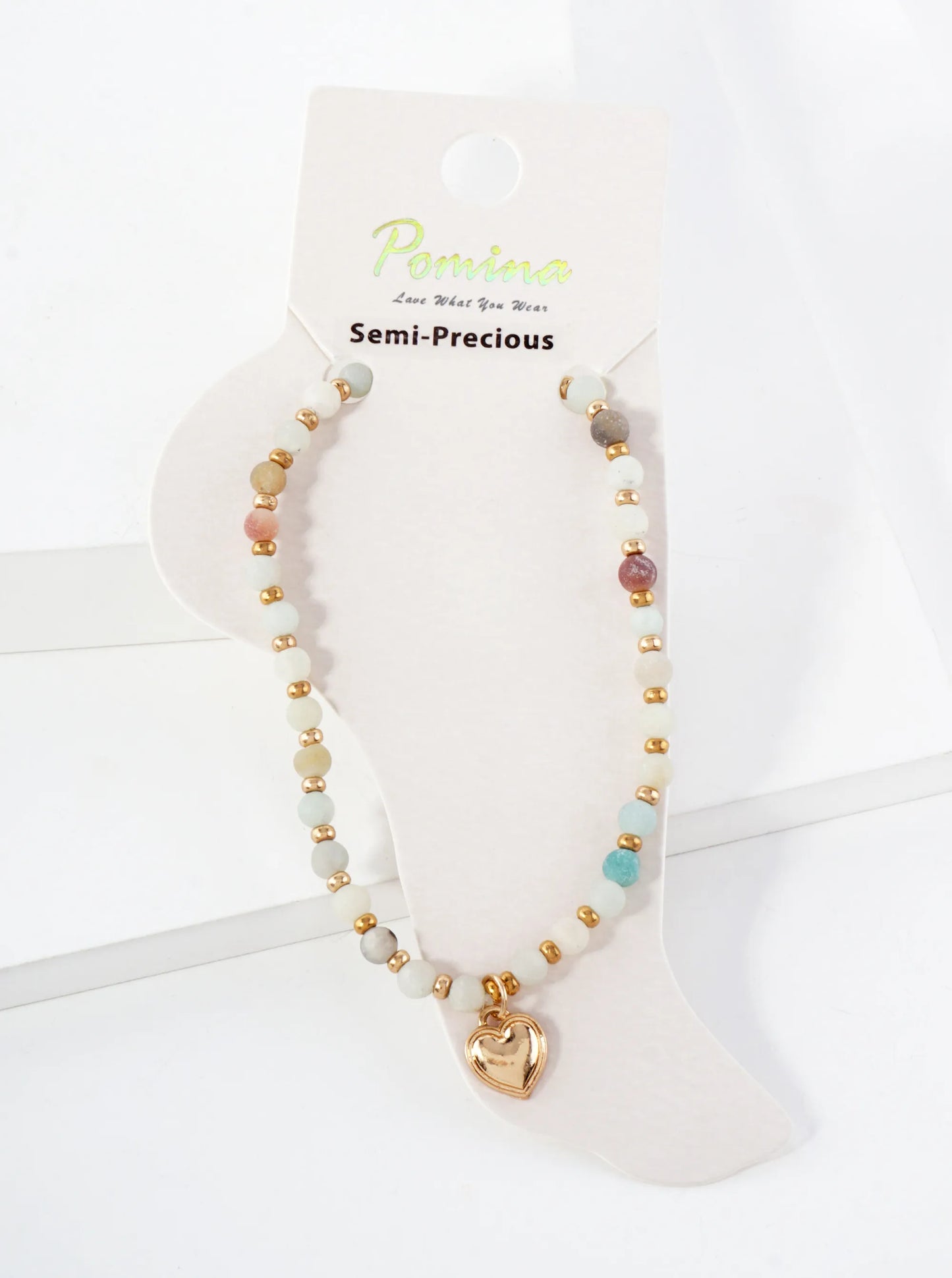 Semi-Precious Natural-Stone Glass-Beaded Heart Charm Stretch Anklet