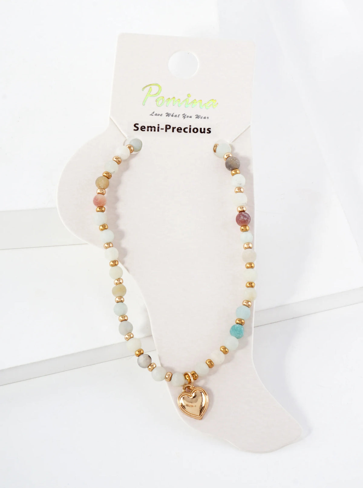 Semi-Precious Natural-Stone Glass-Beaded Heart Charm Stretch Anklet