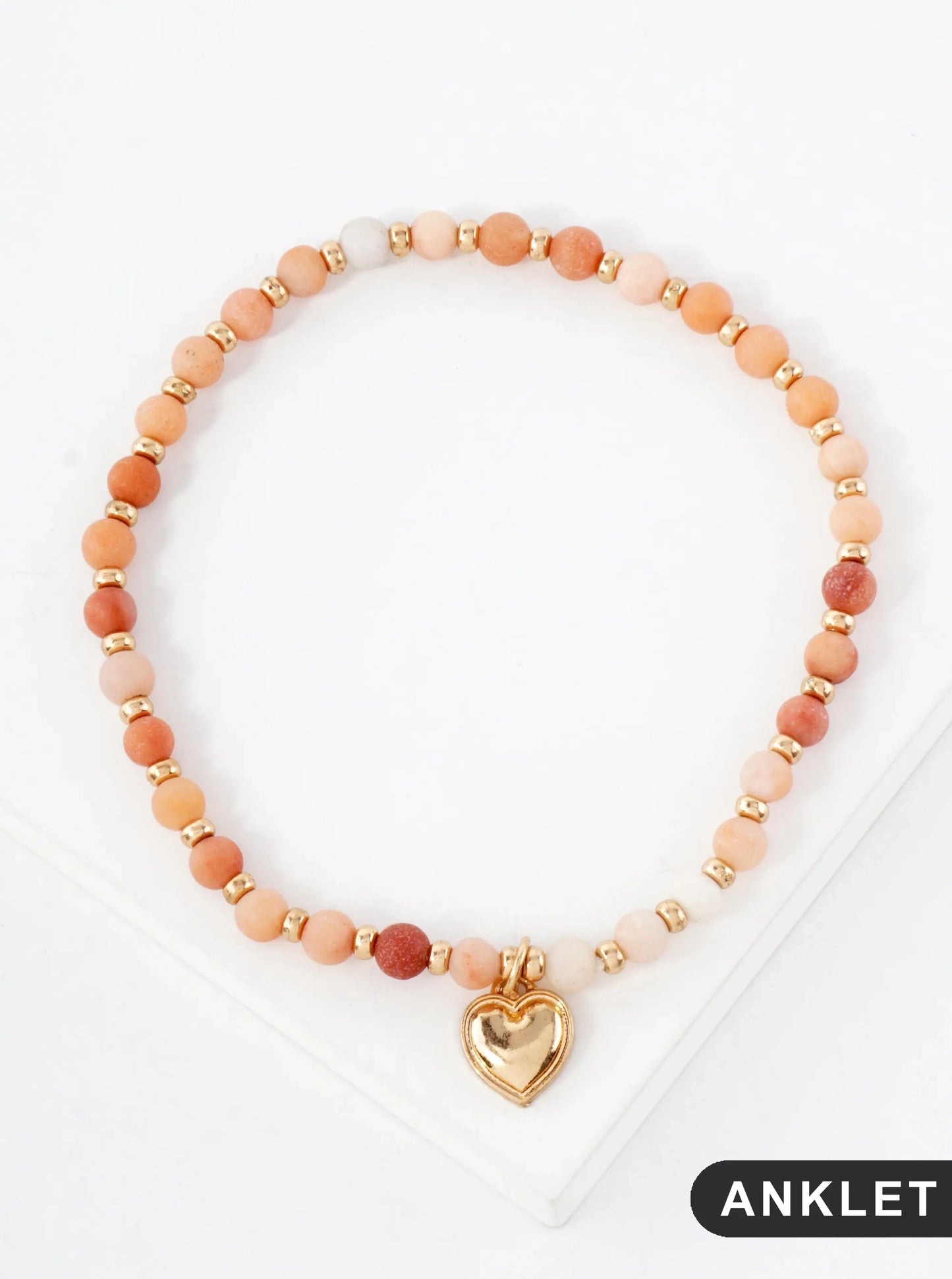 Semi-Precious Natural-Stone Glass-Beaded Heart Charm Stretch Anklet