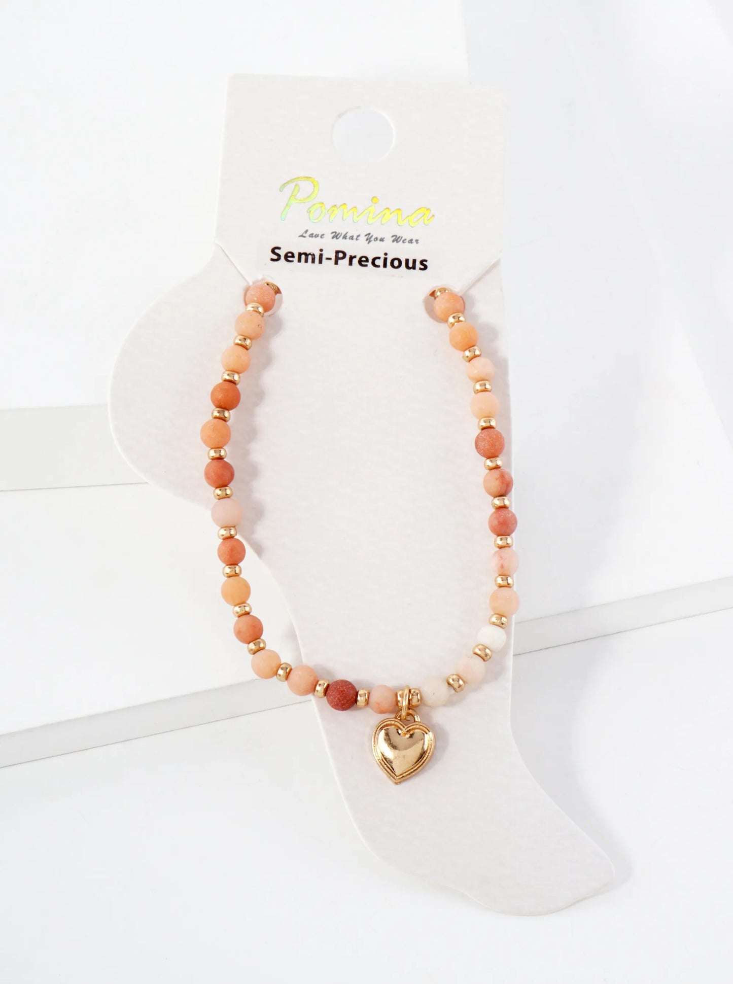 Semi-Precious Natural-Stone Glass-Beaded Heart Charm Stretch Anklet