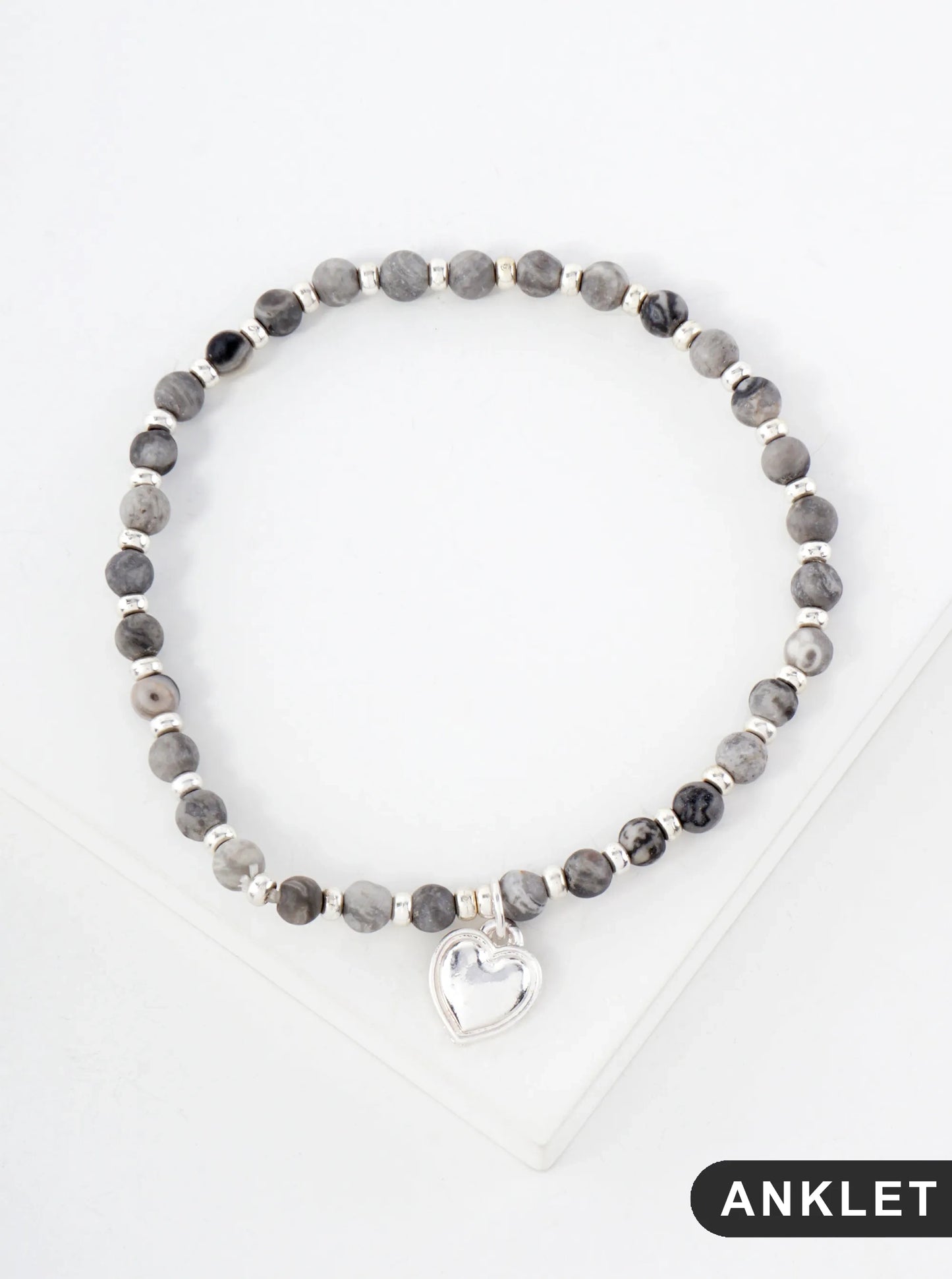 Semi-Precious Natural-Stone Glass-Beaded Heart Charm Stretch Anklet