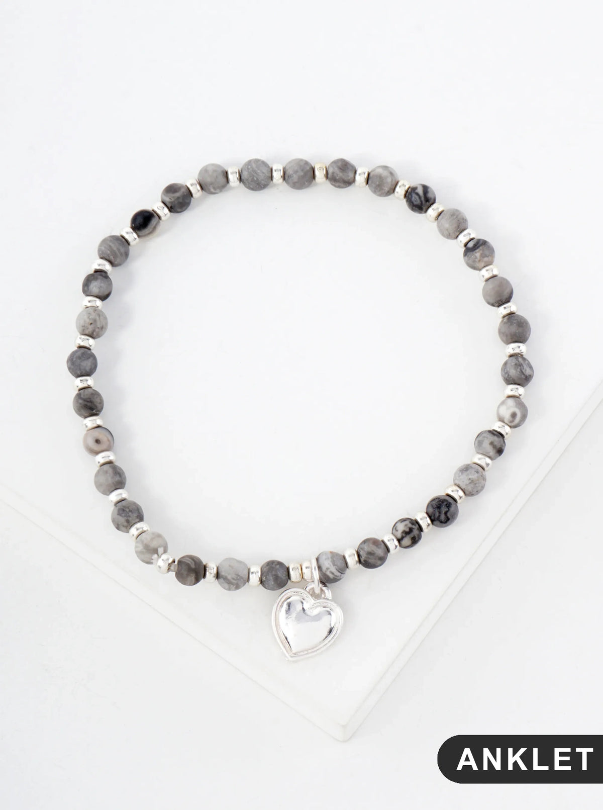 Semi-Precious Natural-Stone Glass-Beaded Heart Charm Stretch Anklet