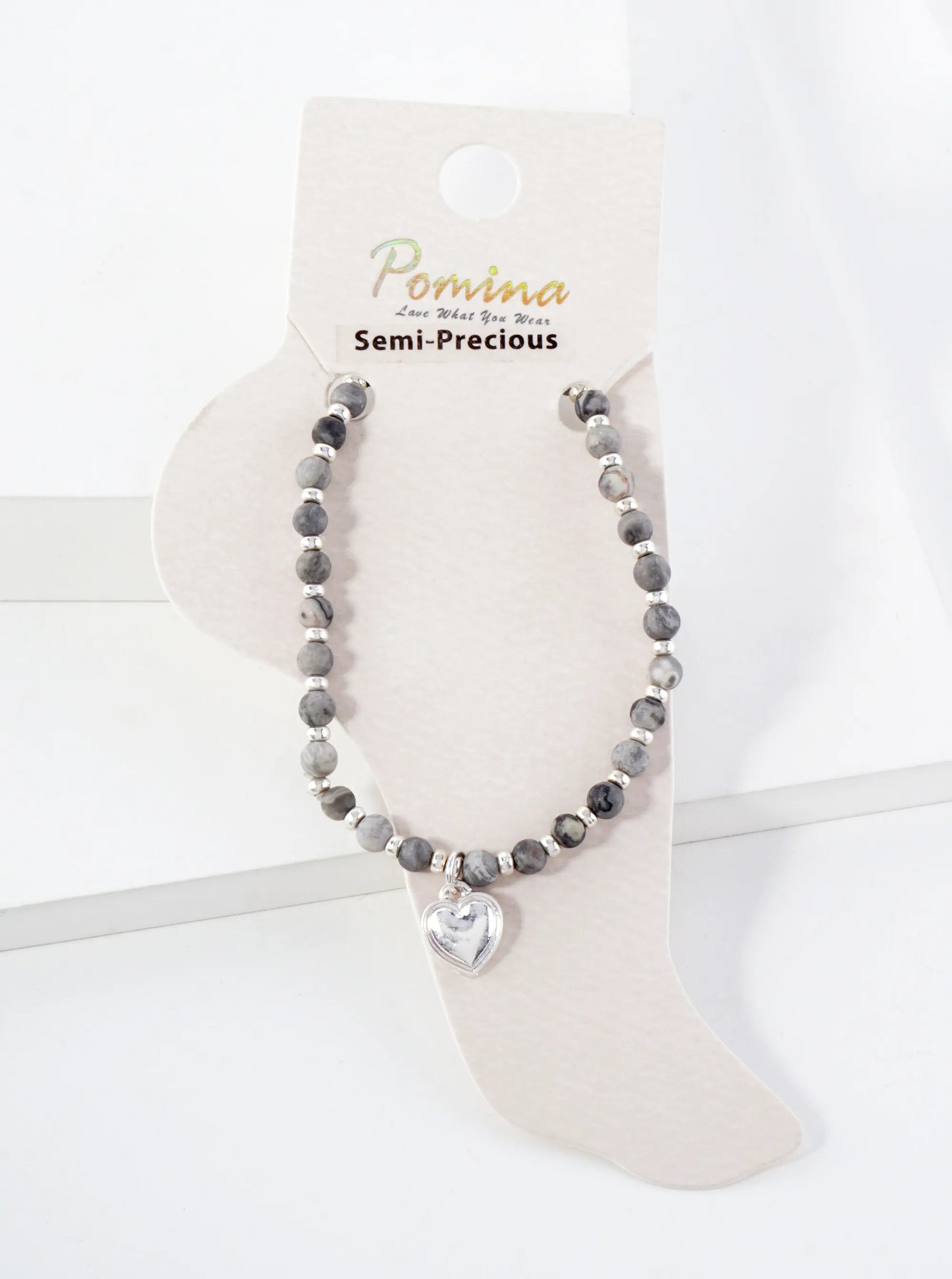 Semi-Precious Natural-Stone Glass-Beaded Heart Charm Stretch Anklet