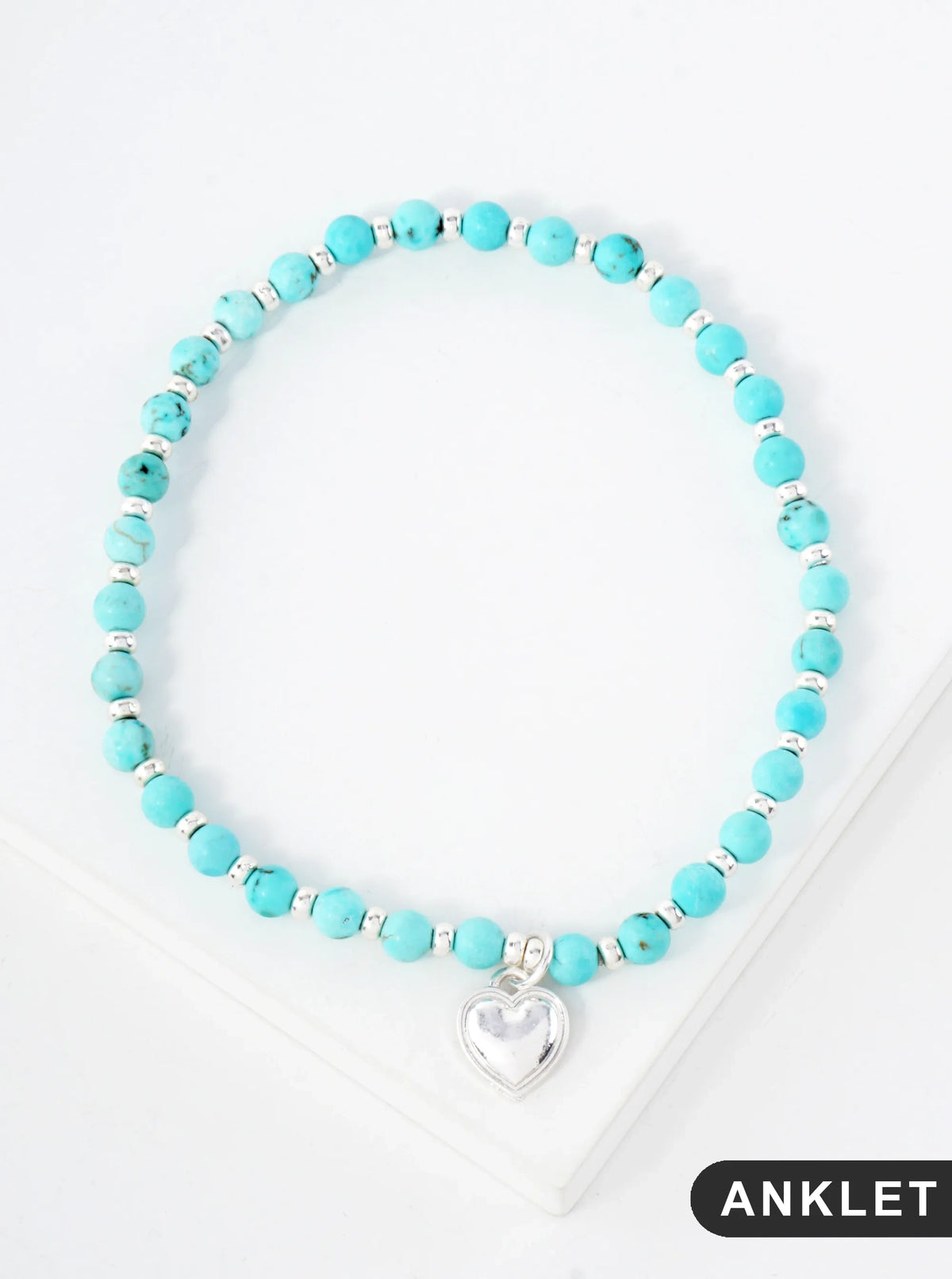 Semi-Precious Natural-Stone Glass-Beaded Heart Charm Stretch Anklet