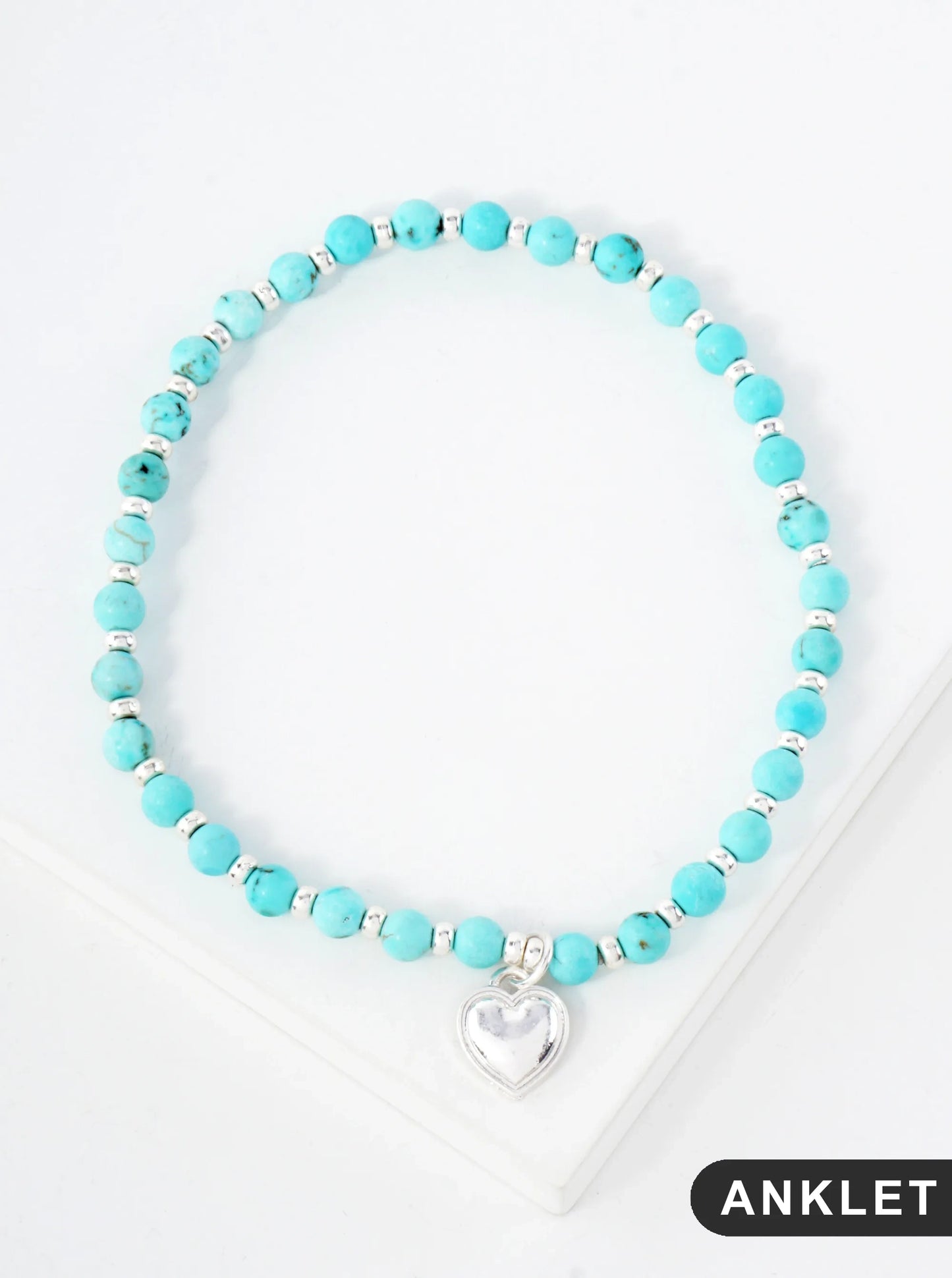 Semi-Precious Natural-Stone Glass-Beaded Heart Charm Stretch Anklet