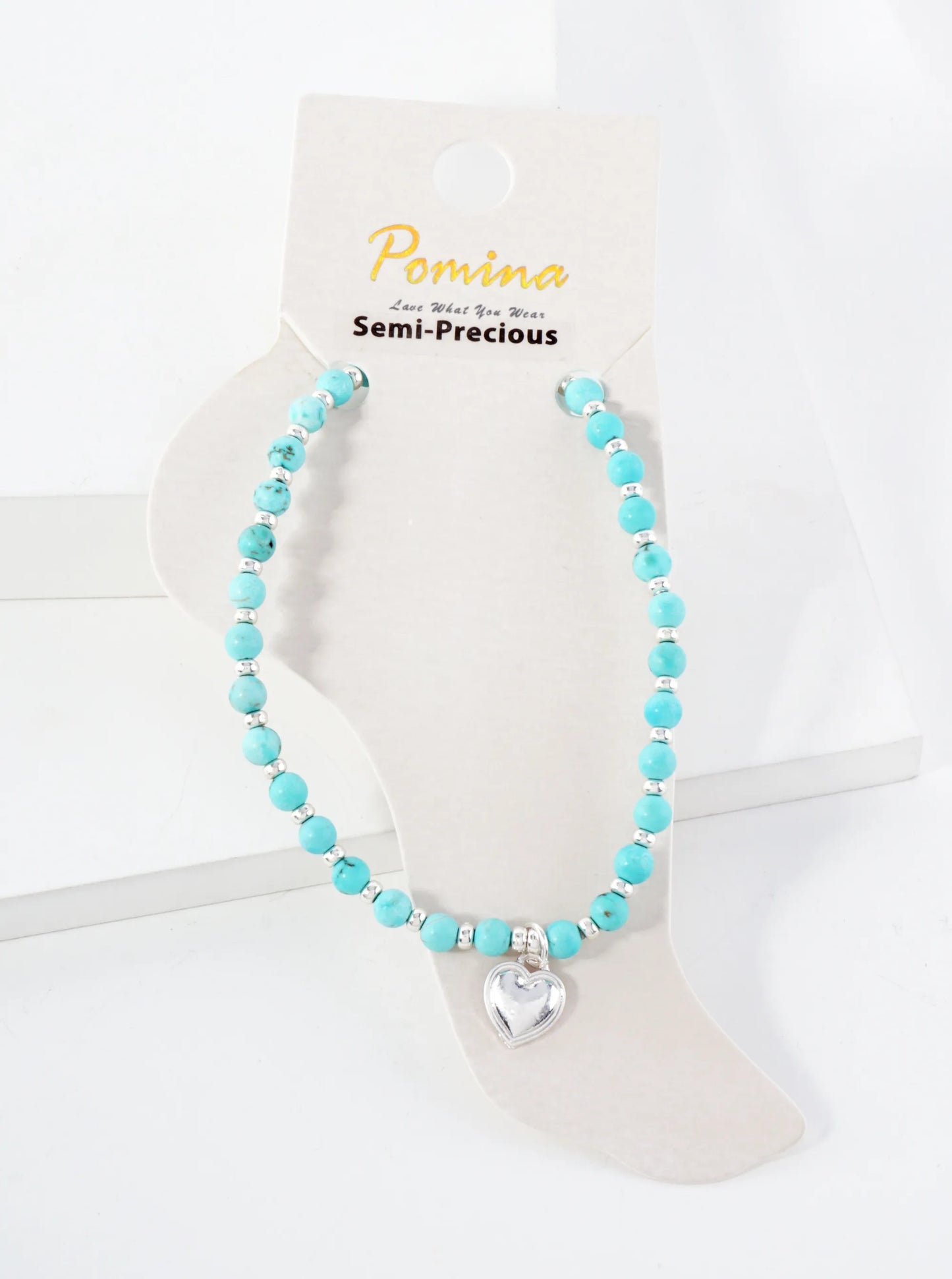 Semi-Precious Natural-Stone Glass-Beaded Heart Charm Stretch Anklet