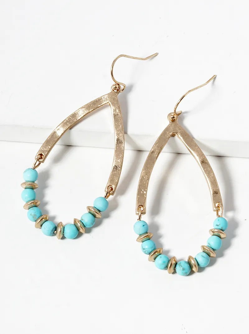 Semi-Precious Natural Stone Hammered Teardrop Dangle Earrings