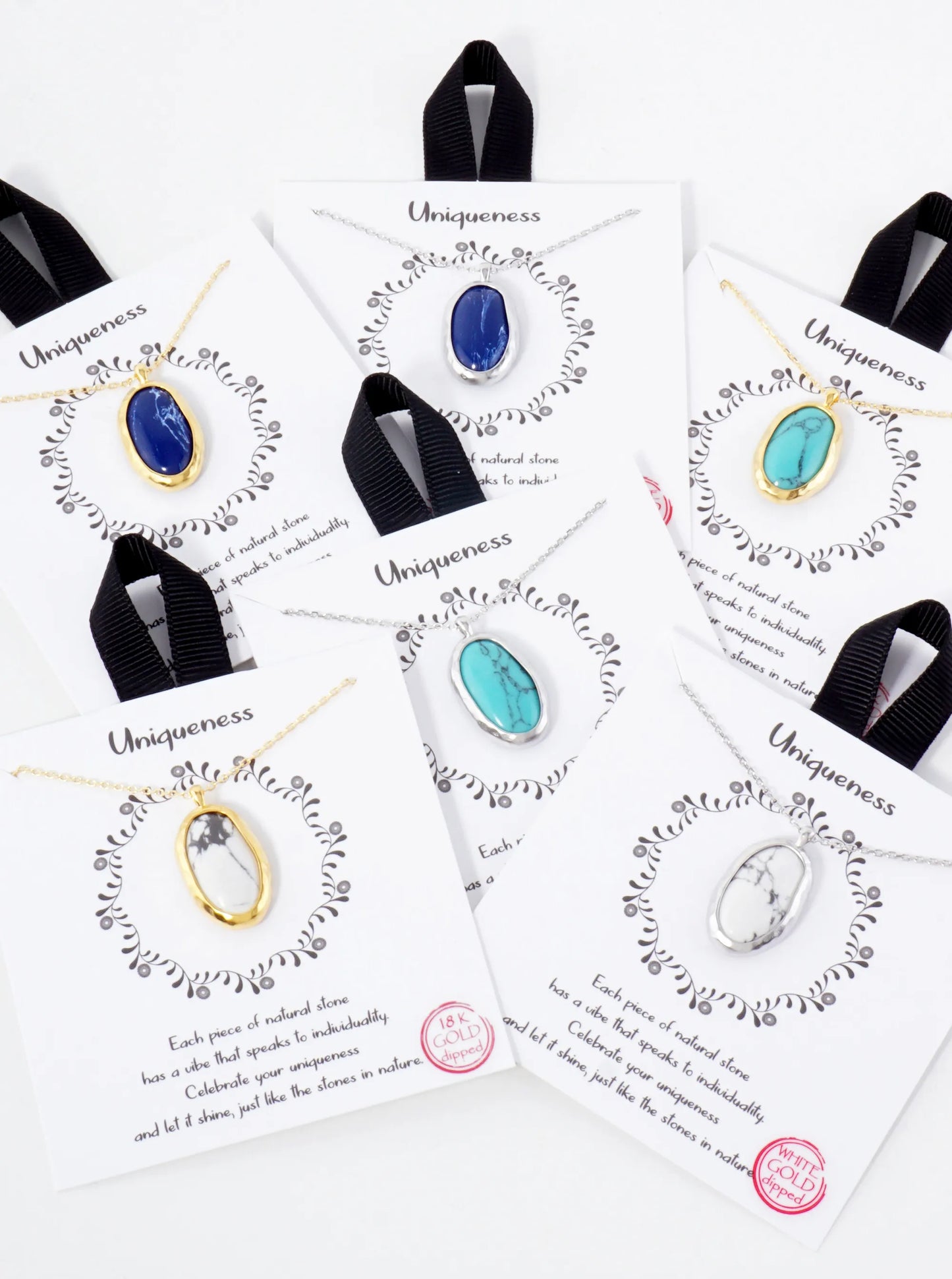 Semi-Precious Natural-Stone Oval-Shaped Pendant Hypoallergenic 18K-Gold-Dipped Necklace