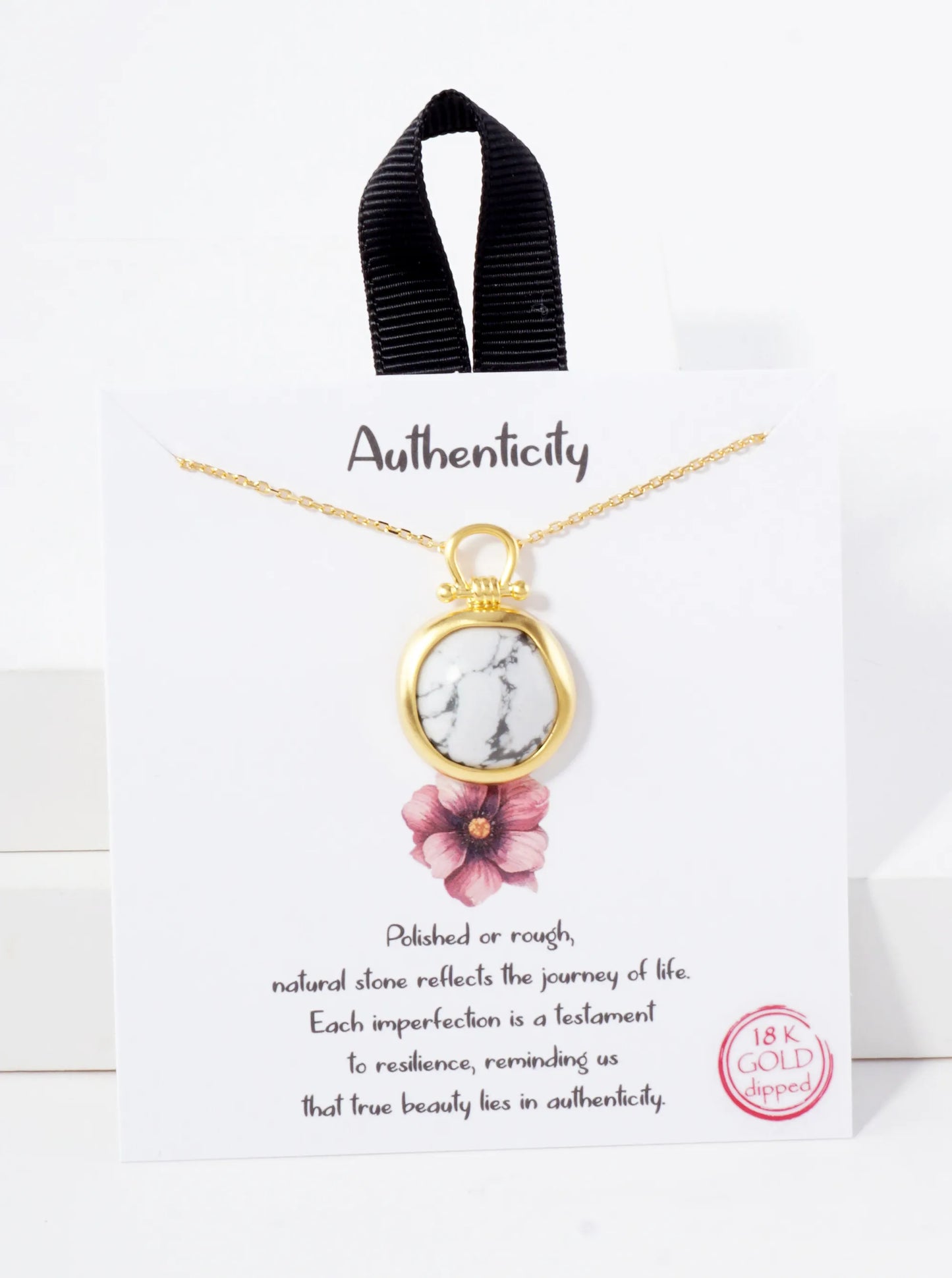 Semi-Precious Natural-Stone Round-Shaped Pendant Hypoallergenic 18K-Gold-Dipped Necklace