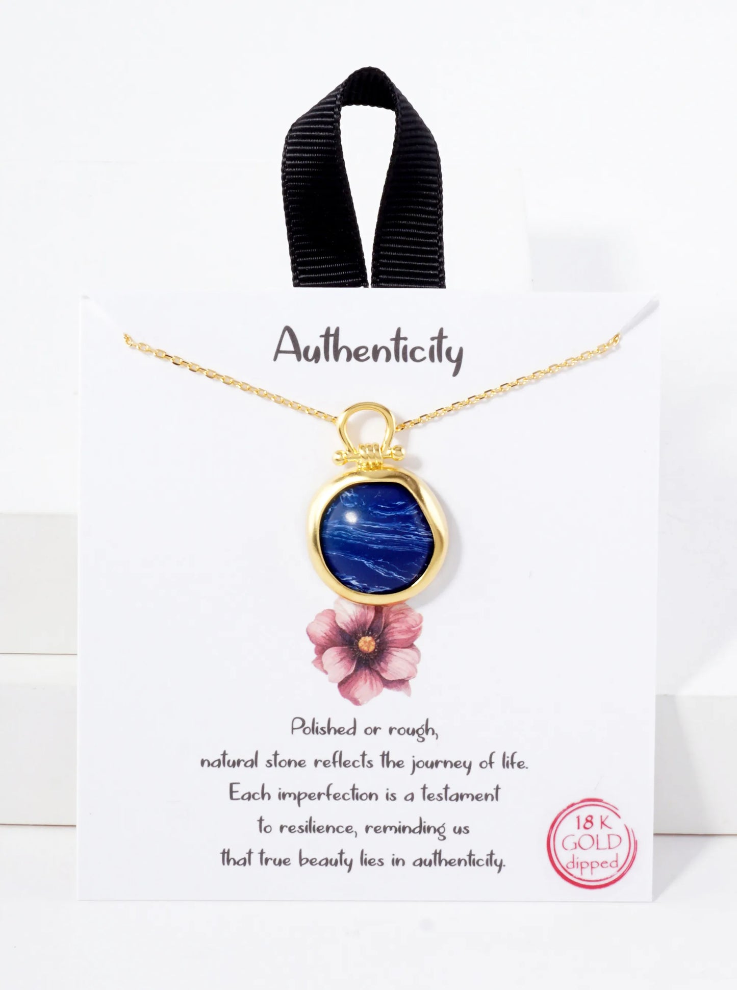 Semi-Precious Natural-Stone Round-Shaped Pendant Hypoallergenic 18K-Gold-Dipped Necklace