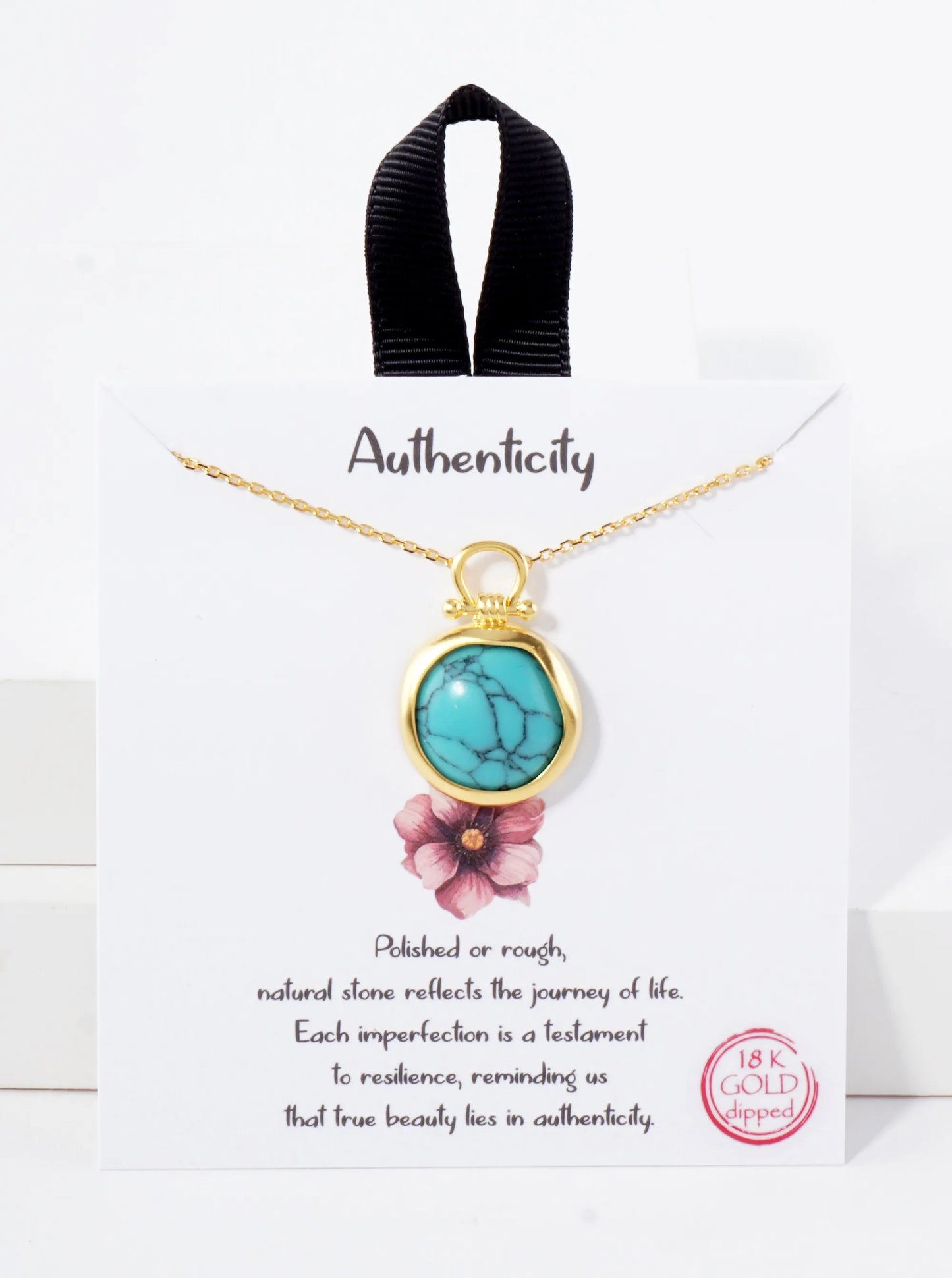 Semi-Precious Natural-Stone Round-Shaped Pendant Hypoallergenic 18K-Gold-Dipped Necklace