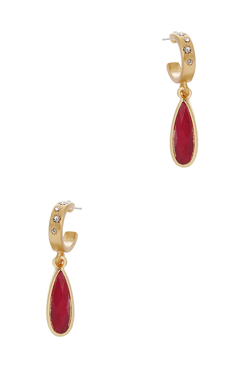 Semi-Precious Natural Stone Teardrop 10mm Crystal Pave Huggie Hoop Earrings