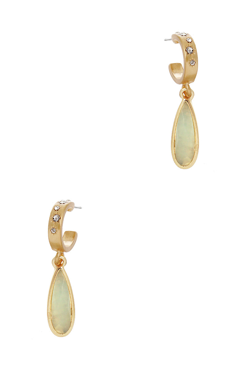 Semi-Precious Natural Stone Teardrop 10mm Crystal Pave Huggie Hoop Earrings