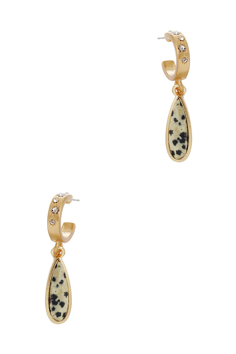 Semi-Precious Natural Stone Teardrop 10mm Crystal Pave Huggie Hoop Earrings