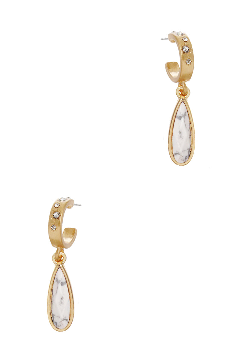 Semi-Precious Natural Stone Teardrop 10mm Crystal Pave Huggie Hoop Earrings