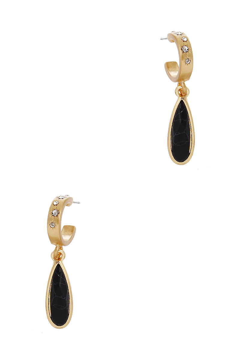 Semi-Precious Natural Stone Teardrop 10mm Crystal Pave Huggie Hoop Earrings