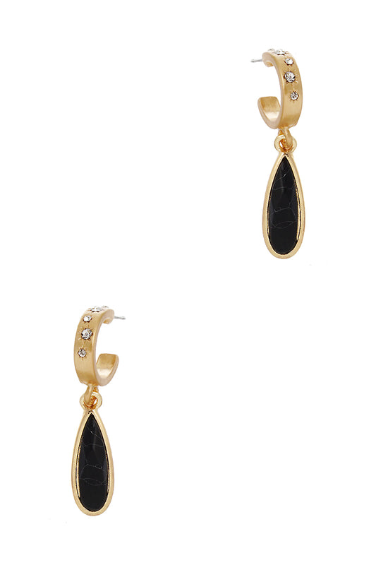 Semi-Precious Natural Stone Teardrop 10mm Crystal Pave Huggie Hoop Earrings