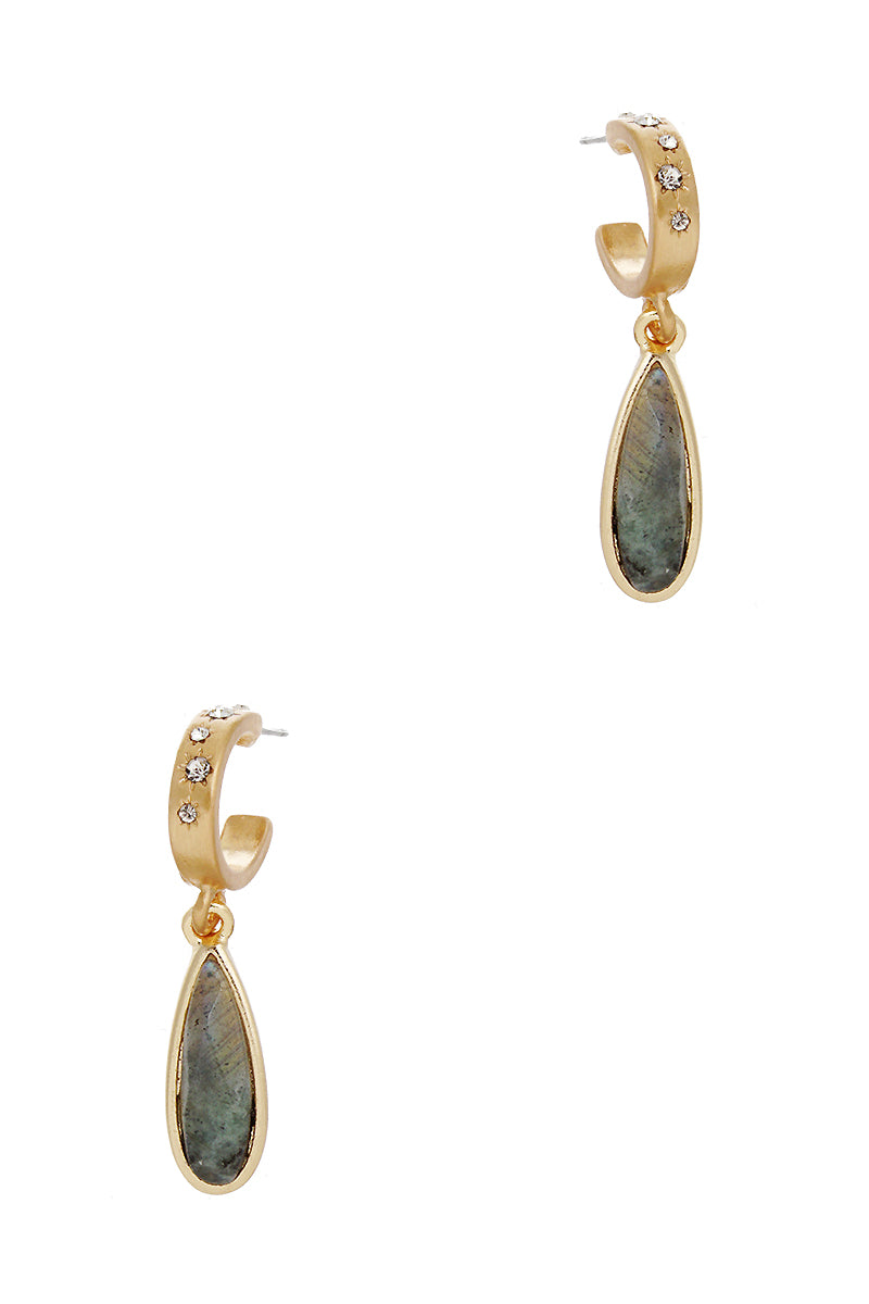 Semi-Precious Natural Stone Teardrop 10mm Crystal Pave Huggie Hoop Earrings