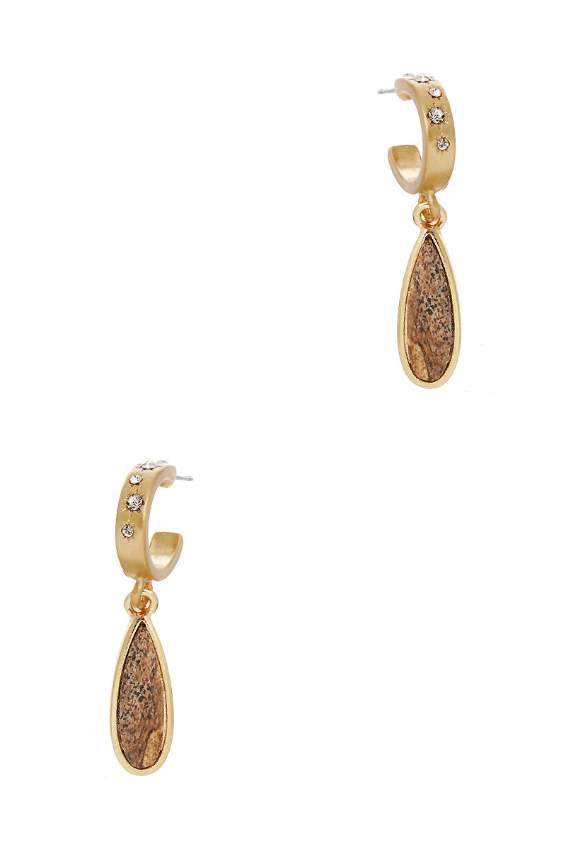 Semi-Precious Natural Stone Teardrop 10mm Crystal Pave Huggie Hoop Earrings