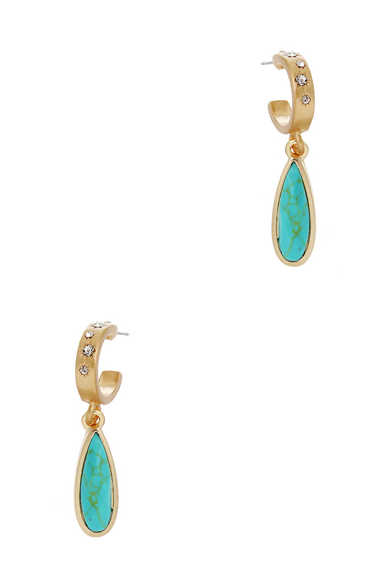 Semi-Precious Natural Stone Teardrop 10mm Crystal Pave Huggie Hoop Earrings