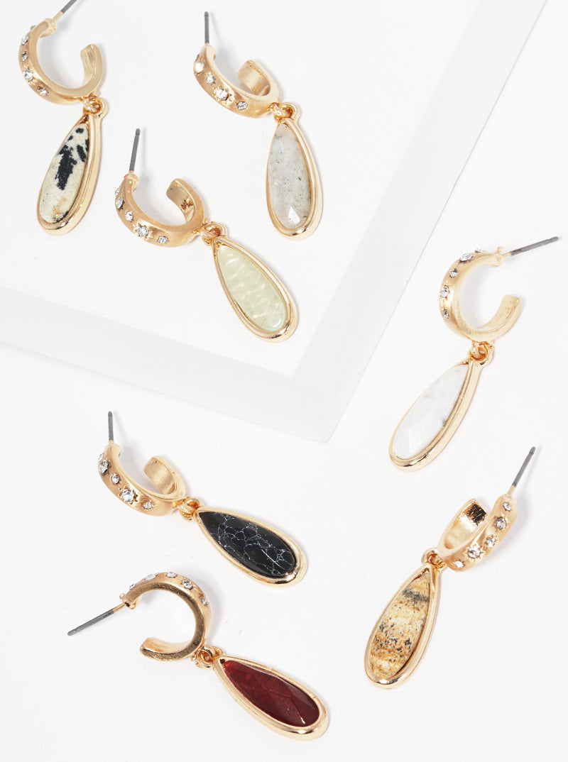 Semi-Precious Natural Stone Teardrop 10mm Crystal Pave Huggie Hoop Earrings