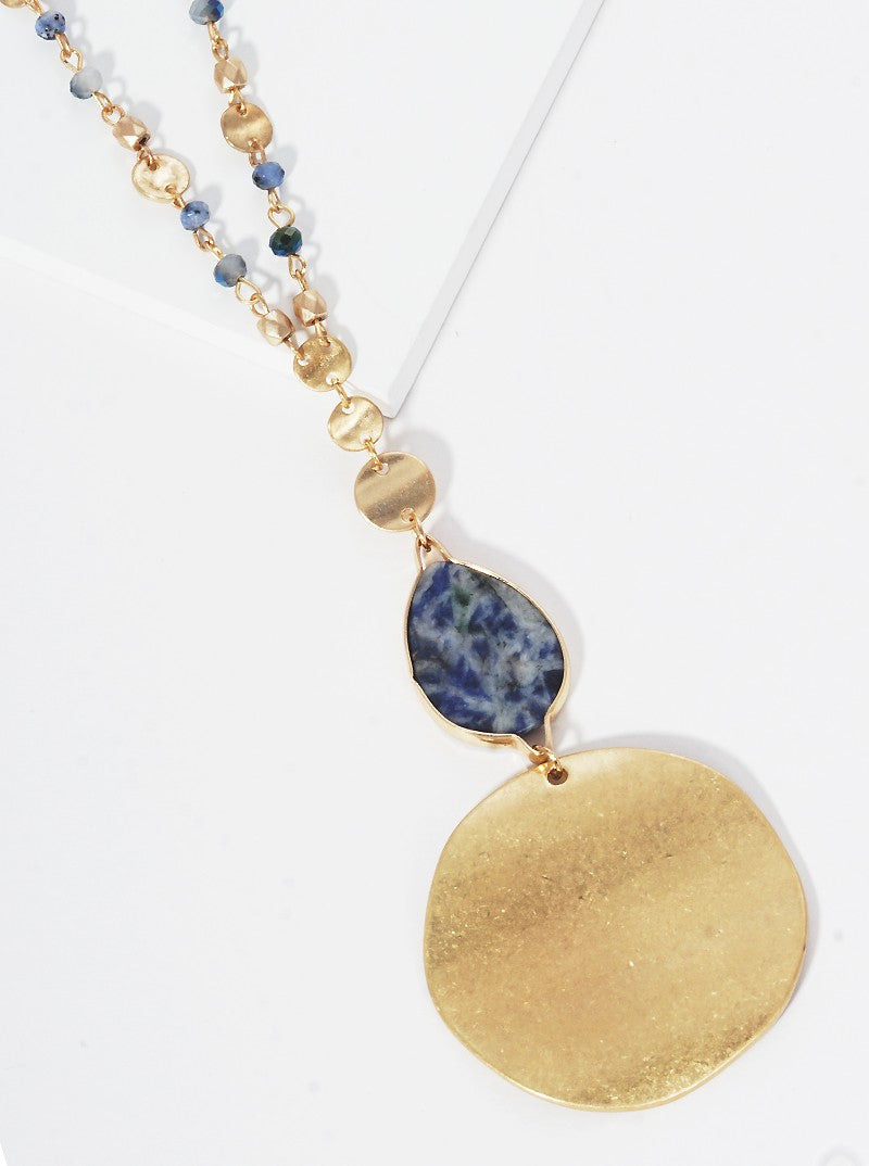 Semi-Precious Natural Stone Teardrop Bead & Disc Pendant Long Necklace With Faceted Glass Bead Chain