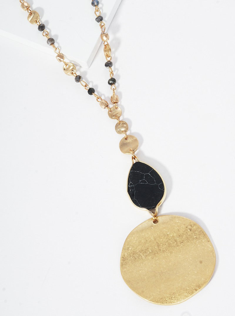 Semi-Precious Natural Stone Teardrop Bead & Disc Pendant Long Necklace With Faceted Glass Bead Chain