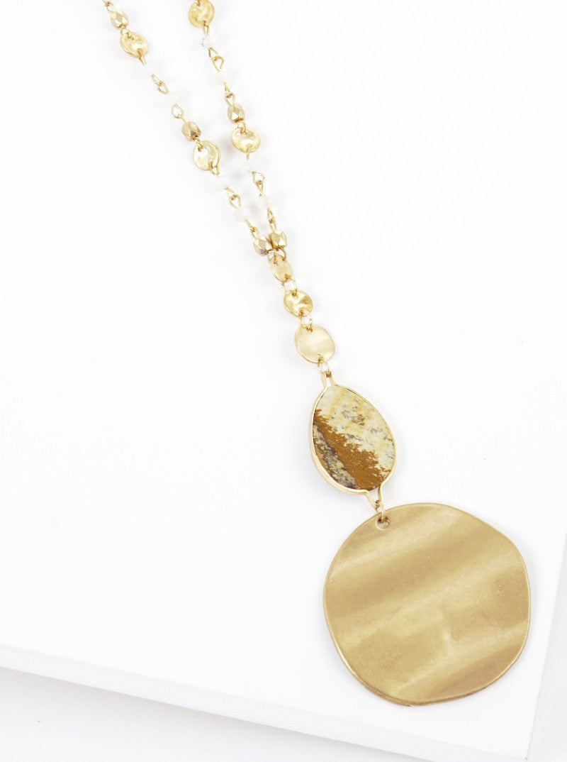 Semi-Precious Natural Stone Teardrop Bead & Disc Pendant Long Necklace With Faceted Glass Bead Chain