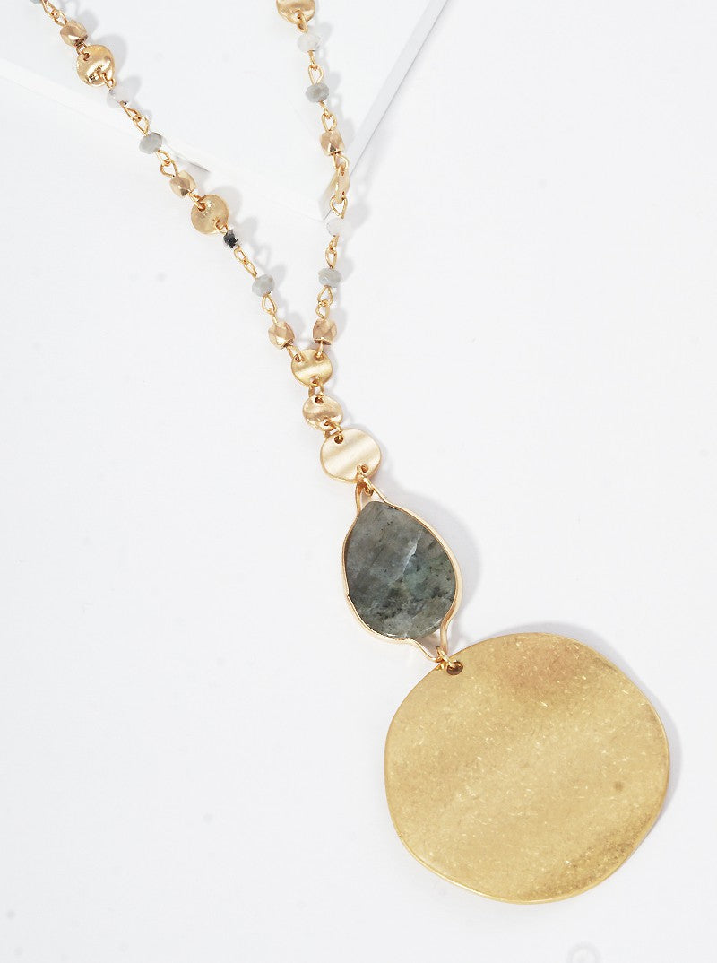 Semi-Precious Natural Stone Teardrop Bead & Disc Pendant Long Necklace With Faceted Glass Bead Chain