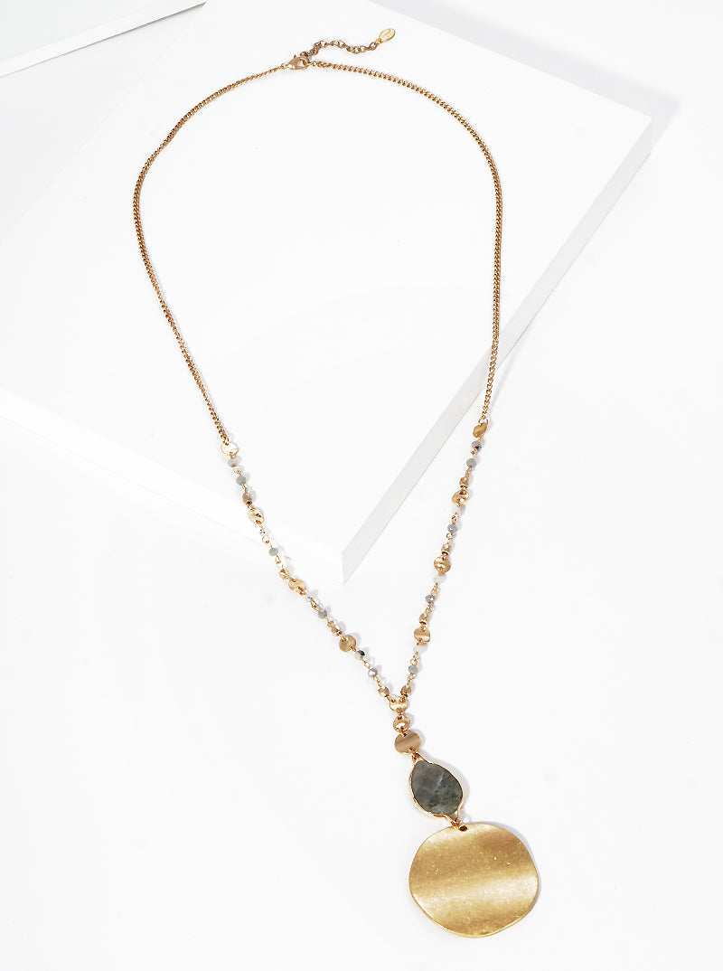 Semi-Precious Natural Stone Teardrop Bead & Disc Pendant Long Necklace With Faceted Glass Bead Chain