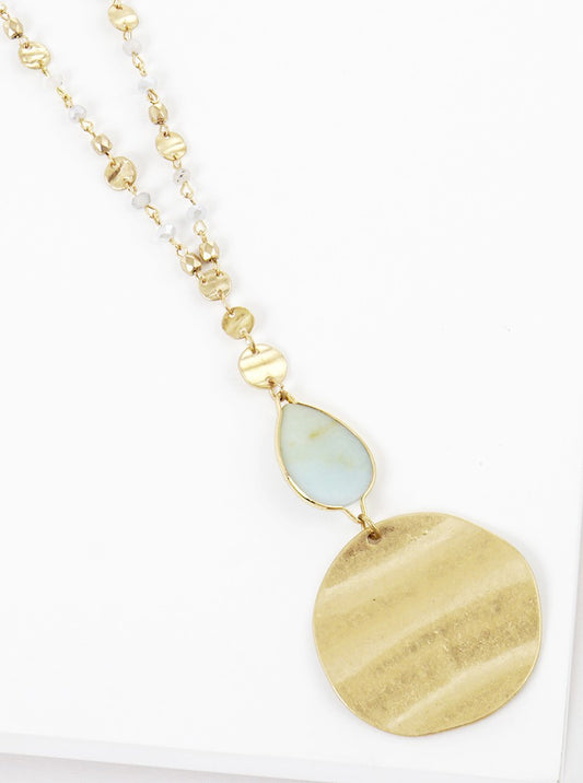 Semi-Precious Natural Stone Teardrop Bead & Disc Pendant Long Necklace With Faceted Glass Bead Chain